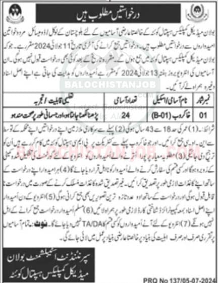 It is the Official Advertisement of Bolan Medical Complex BMC Hospital Quetta Jobs 2024.