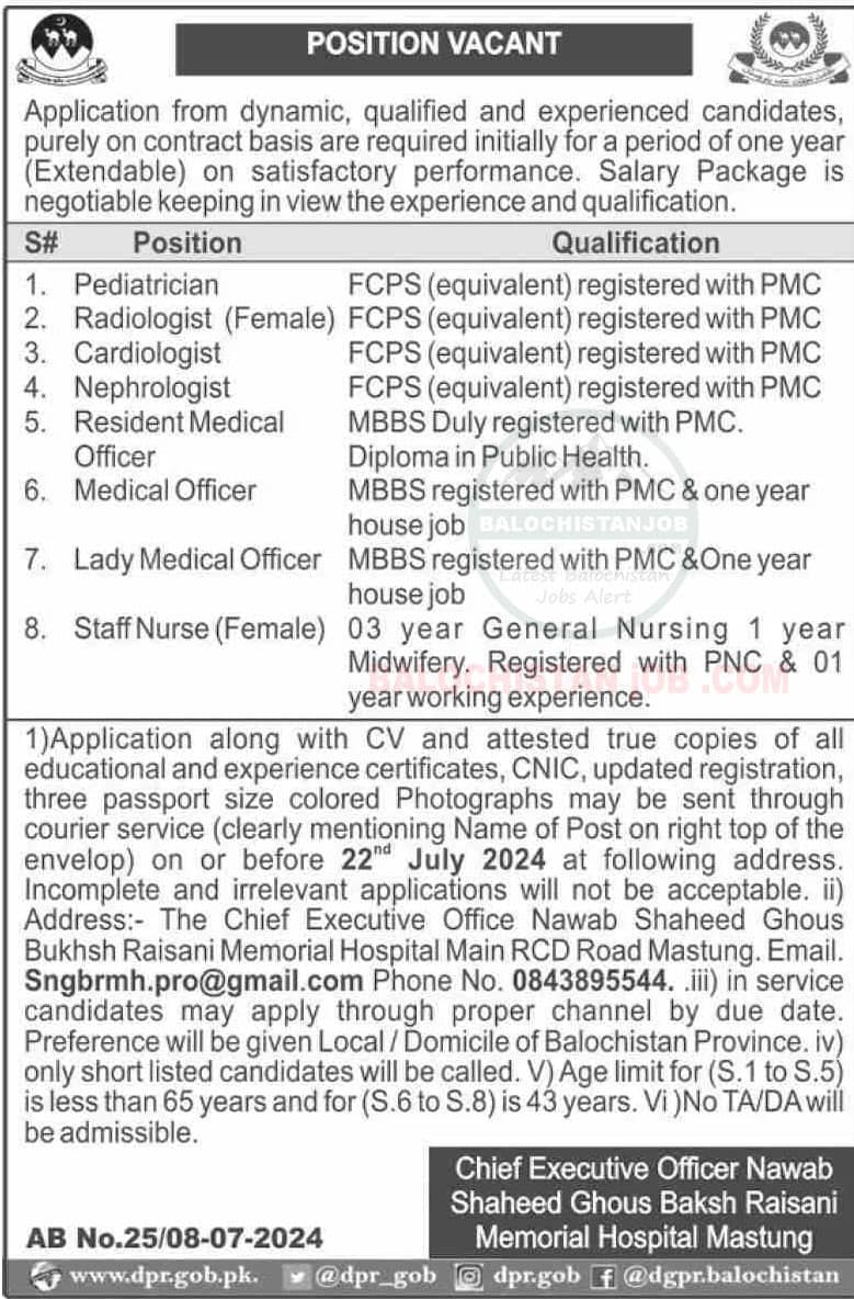 It is the Official Advertisement of Nawab Shaheed Ghous Bakhsh Raisani Memorial Hospital Jobs 2024.