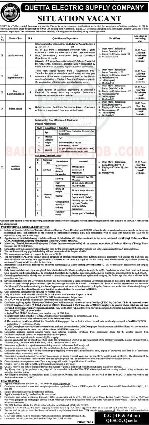 It is Official Advertisement of Quetta Electric Supply Company QESCO Balochistan Jobs 2024.