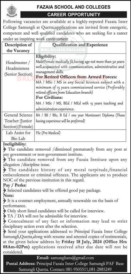 It is the Official Advertisement of Fazaia Inter College Jobs in Quetta 2024.