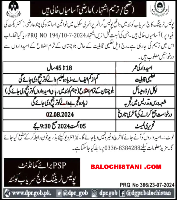 Police Training College PTC Quetta Jobs 2024